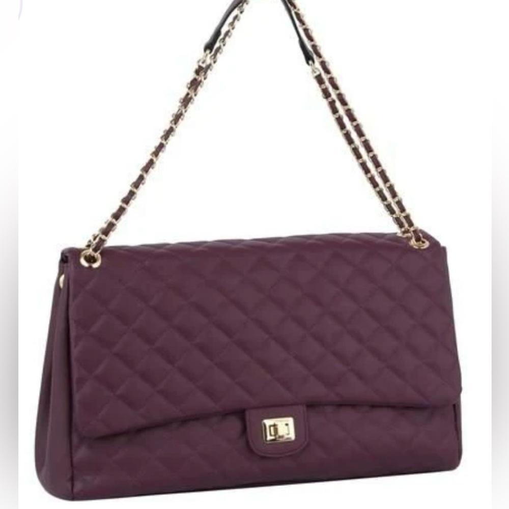 Quilted Luggage Tote W/Chain Strap, Plum & Gold-tone Hardware, Turn lock
